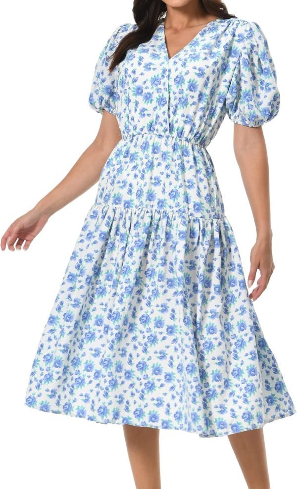 Saonta  Women's Short Sleeve V-Neck 3/4 Sleeve Button Up Chiffon Floral Pleated Midi Swing Dress with Belt