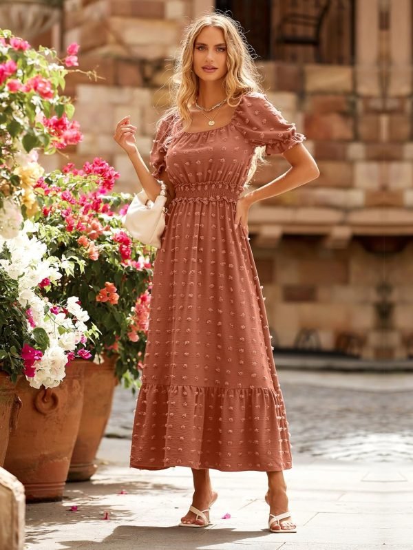 Saonta  Womens 2024 Puff Short Sleeve Square Neck Swiss Dot Smocked Waist Ruffle Hem Tiered Long Dress