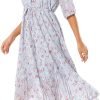 Saonta  Women's Short Sleeve V-Neck 3/4 Sleeve Button Up Chiffon Floral Pleated Midi Swing Dress with Belt