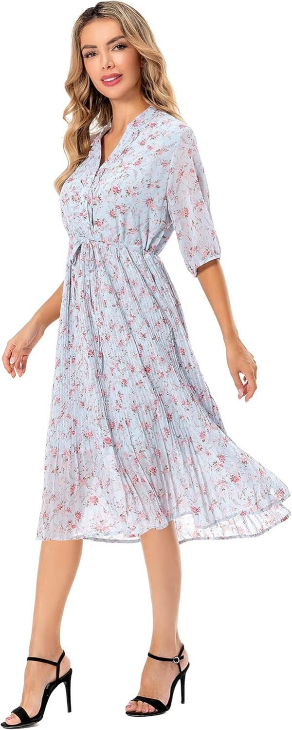 Saonta  Women's Short Sleeve V-Neck 3/4 Sleeve Button Up Chiffon Floral Pleated Midi Swing Dress with Belt
