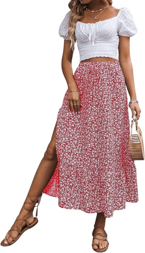 Saonta  Women's Casual High Waist Floral Print Skirt Split Thigh A Line Maxi Skirts