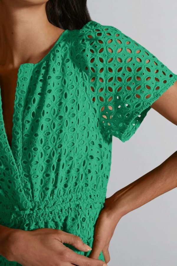 Saonta  Womens 2024 Summer Short Dress V Neck Short Sleeve A Line Hollow Out Lace Ruffle Cute Casual Beach Party Dresses