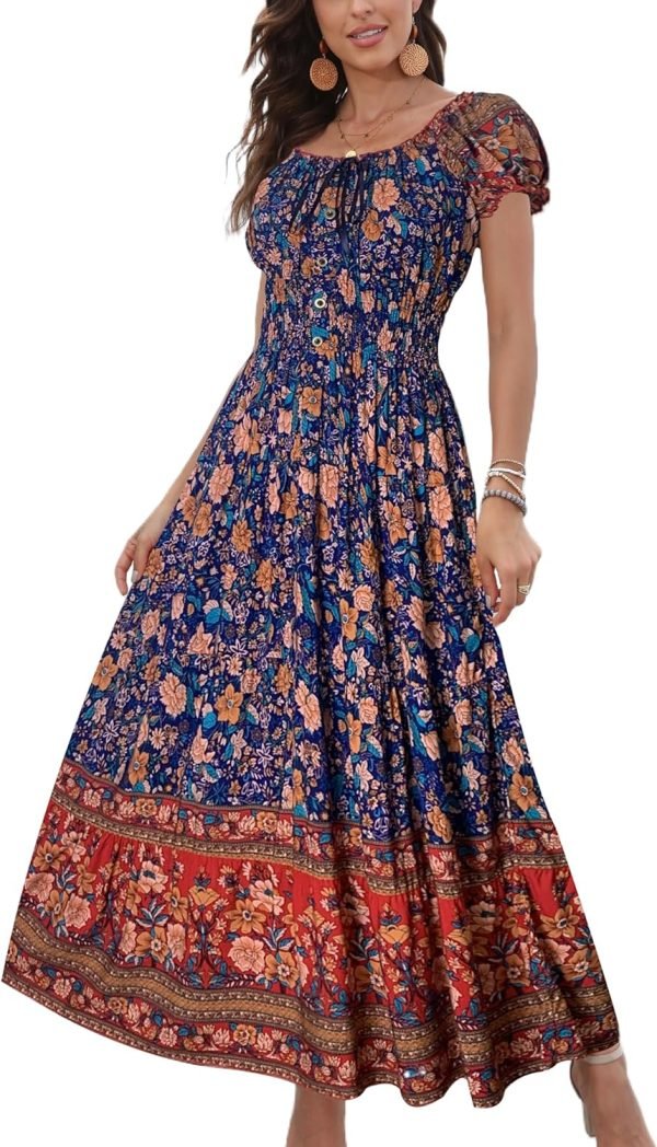 Saonta  Women's 2024 Summer Short Sleeves Boho Floral Print Tiered Casual Flowy Long Maxi Dress