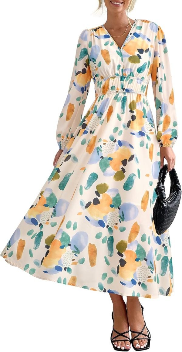 Saonta  Women's 2024 Fall Boho Maxi Dress Casual Long Sleeve V Neck Printed Beach Long Flowy Dresses