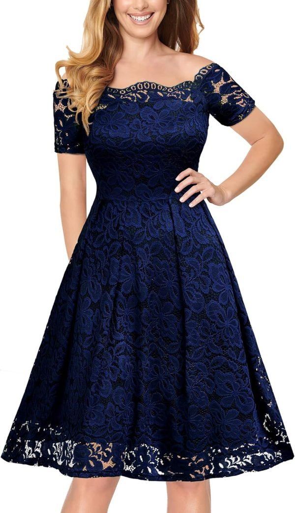 Saonta  Women's Vintage Floral Lace Short Sleeve Boat Neck Cocktail Party Swing Dress