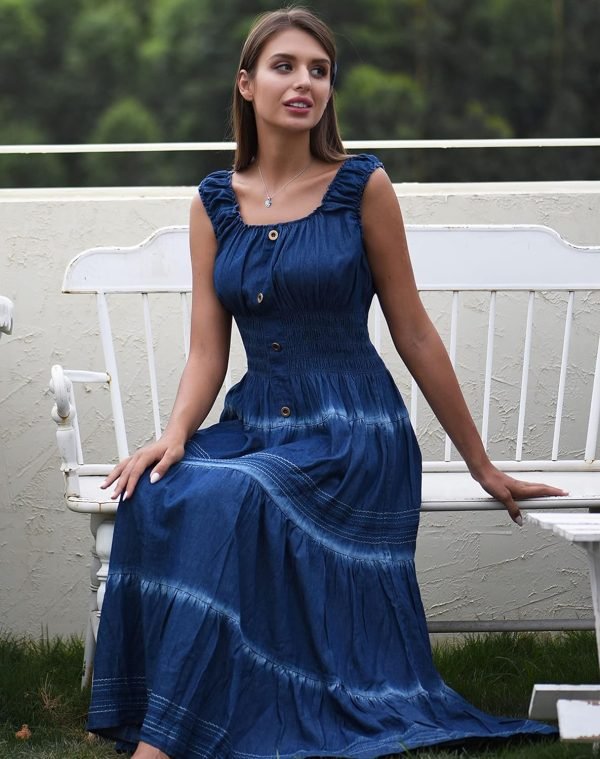 Saonta  Women's Maxi Dress Sleeveless Denim Long Summer A-line Casual Blue Cotton Boho Flowy Sundresses for Women