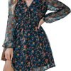 Saonta  Women's Floral Print Chiffon A-Line Mini Dress Long Peasant Sleeves