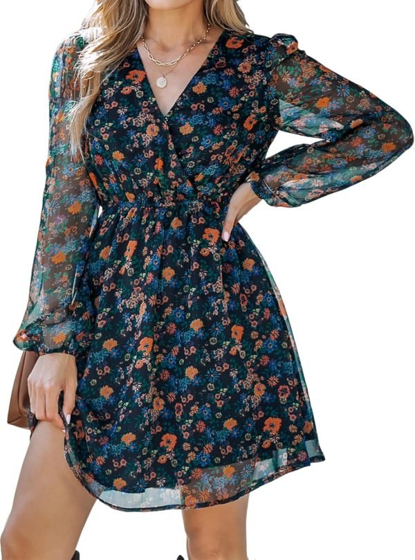 Saonta  Women's Floral Print Chiffon A-Line Mini Dress Long Peasant Sleeves