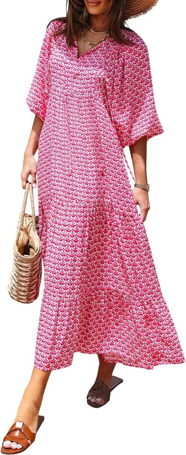 Saonta  Womens Loose Fit Casual Summer V Neck Half Sleeve Bohemian Geometric Pattern Maxi Long Dresses