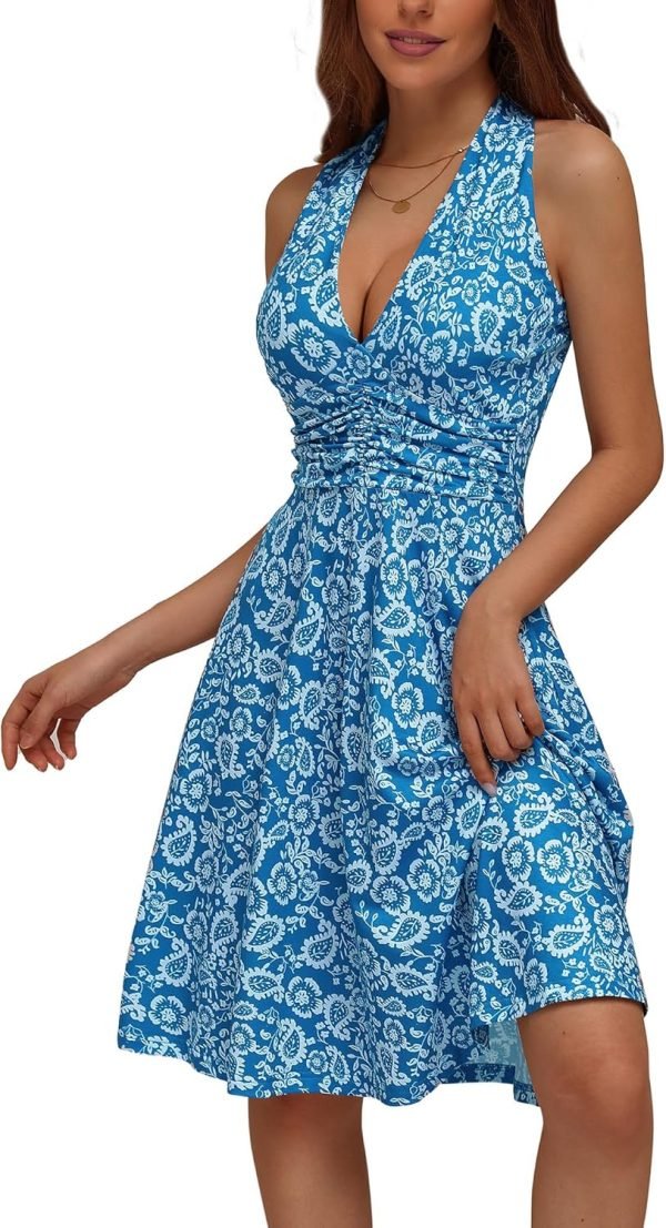 Saonta  Women's Summer Sundress Sleeveless Halter Neck Spring Boho Floral with Pocket Elastic Waist Ruffle Mini Dresses 2024
