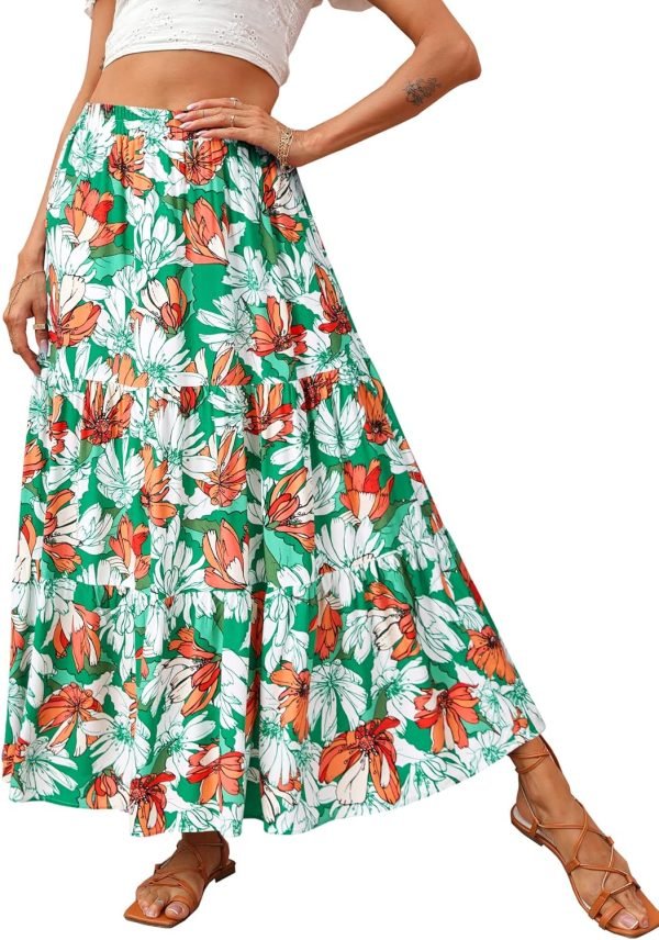 Saonta  Womens 2024 Spring Summer High Waist Boho Floral Maxi Skirt Casual Flowy Swing Pleated A Line Beach Long Skirts