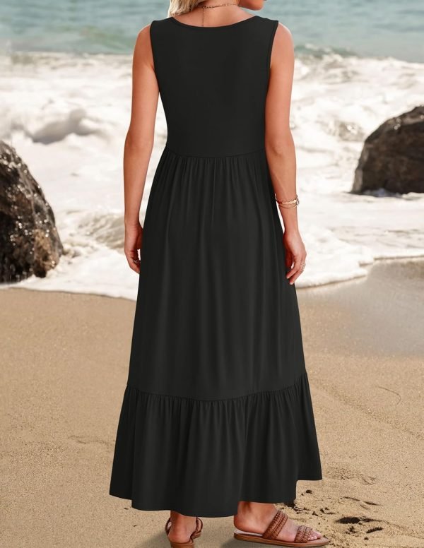 Saonta Women's 2024 Summer Sleeveless Dress Square Neck Pleated Swing Casual Maxi Dresses with Pockets