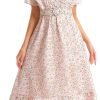 Saonta  Women's Short Sleeve Button Up Ruffle Chiffon Floral Midi Swing Dress with Belt