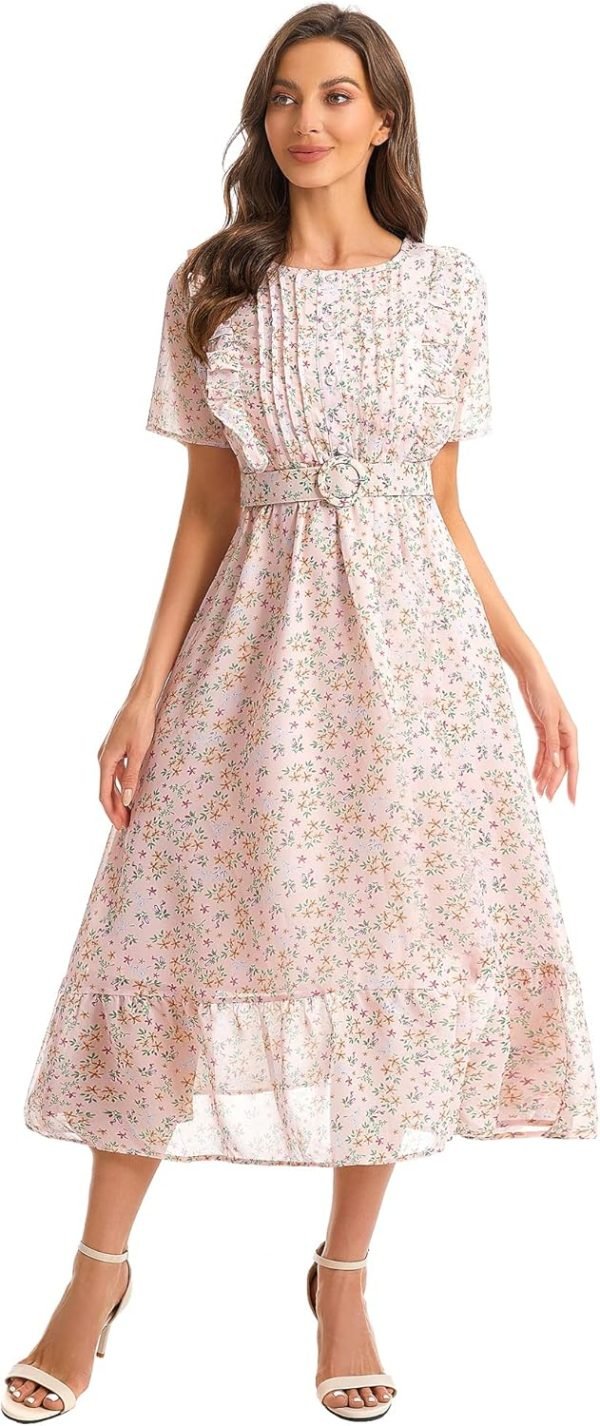 Saonta  Women's Short Sleeve Button Up Ruffle Chiffon Floral Midi Swing Dress with Belt