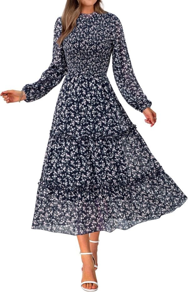 Saonta  Women 2024 Fall Dress Floral Boho Dress Casual Long Sleeve Crew Neck Ruffle A-Line Flowy Wedding Guest Maxi Dresses