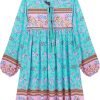 Saonta  Womens Long Sleeve Floral Casual Print Cotton Mini Tunic Dress
