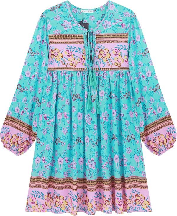 Saonta  Womens Long Sleeve Floral Casual Print Cotton Mini Tunic Dress