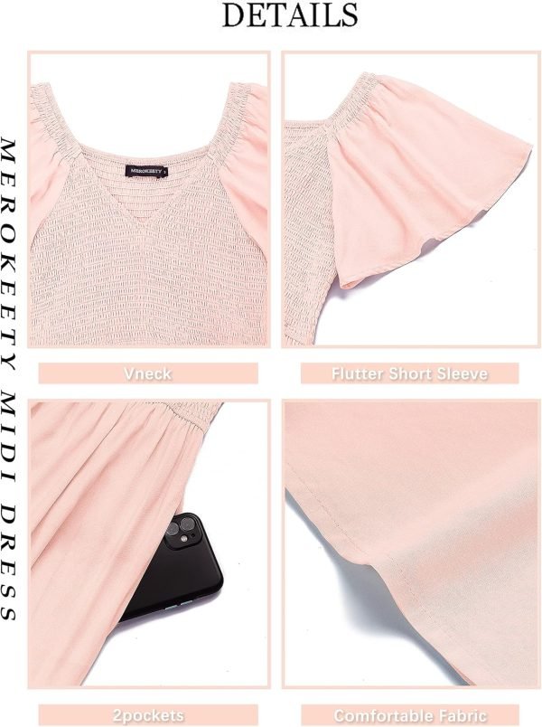 Saonta  Women's Summer Casual V Neck Ruffle Sleeve Smocked High Waist Midi Dress with Pockets