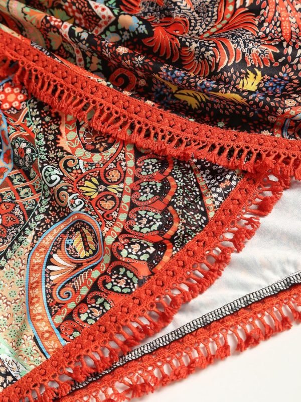 Saonta  Slit Skirt for Women Boho Print Tie Side Wrap Tassel Casual Beach Mini Skirt