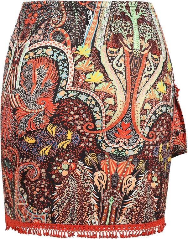 Saonta  Slit Skirt for Women Boho Print Tie Side Wrap Tassel Casual Beach Mini Skirt