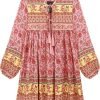 Saonta  Womens Long Sleeve Floral Casual Print Cotton Mini Tunic Dress