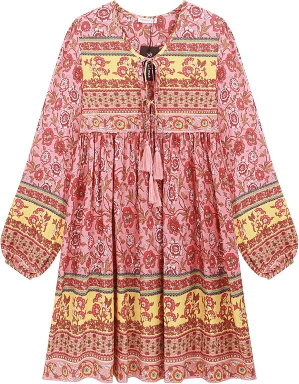 Saonta  Womens Long Sleeve Floral Casual Print Cotton Mini Tunic Dress