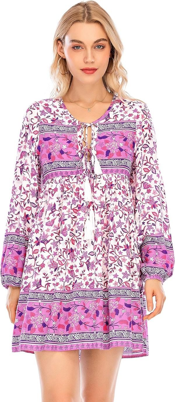 Saonta  Womens Long Sleeve Floral Casual Print Cotton Mini Tunic Dress