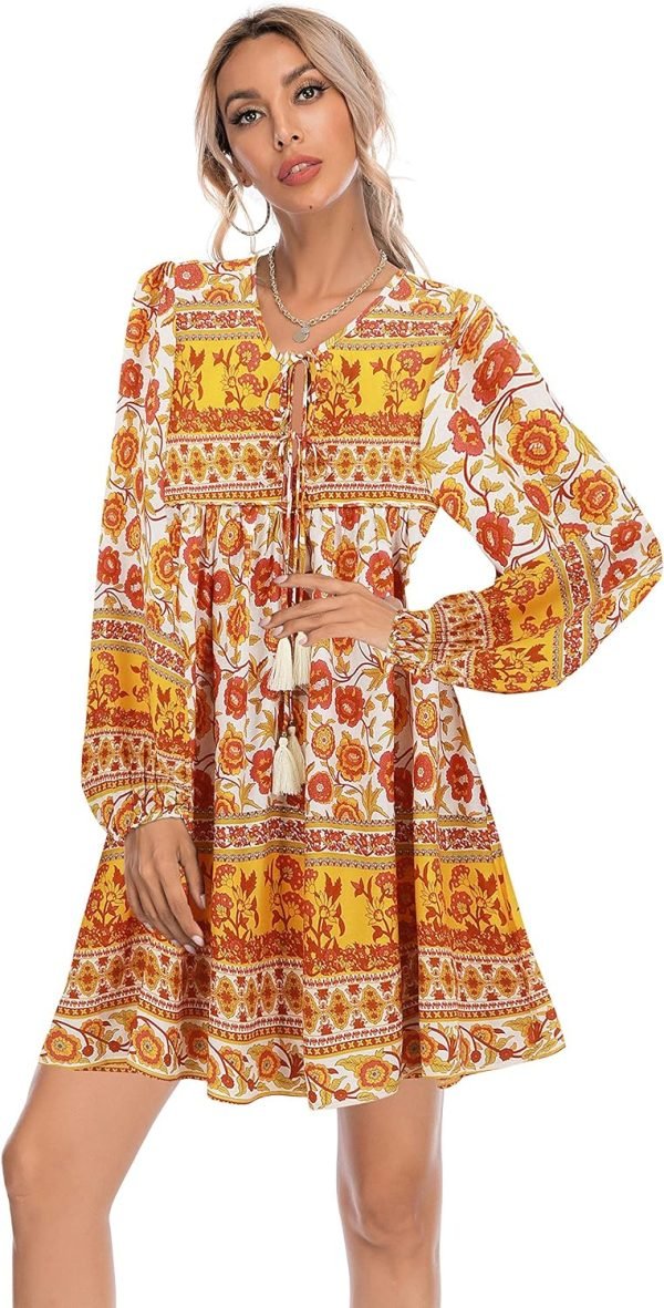 Saonta  Womens Long Sleeve Floral Casual Print Cotton Mini Tunic Dress