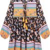 Saonta  Womens Long Sleeve Floral Casual Print Cotton Mini Tunic Dress