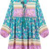 Saonta  Womens Long Sleeve Floral Casual Print Cotton Mini Tunic Dress