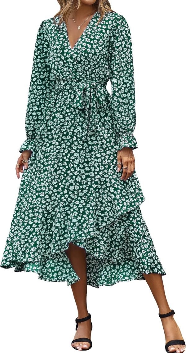 Saonta  Women Long Sleeve Wrap Maxi Dress V Neck Boho Floral High Waist Flowy Ruffle 2024 Spring Summer Dresses with Belt