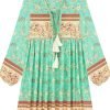 Saonta  Womens Long Sleeve Floral Casual Print Cotton Mini Tunic Dress
