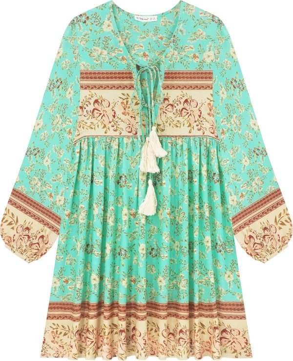 Saonta  Womens Long Sleeve Floral Casual Print Cotton Mini Tunic Dress