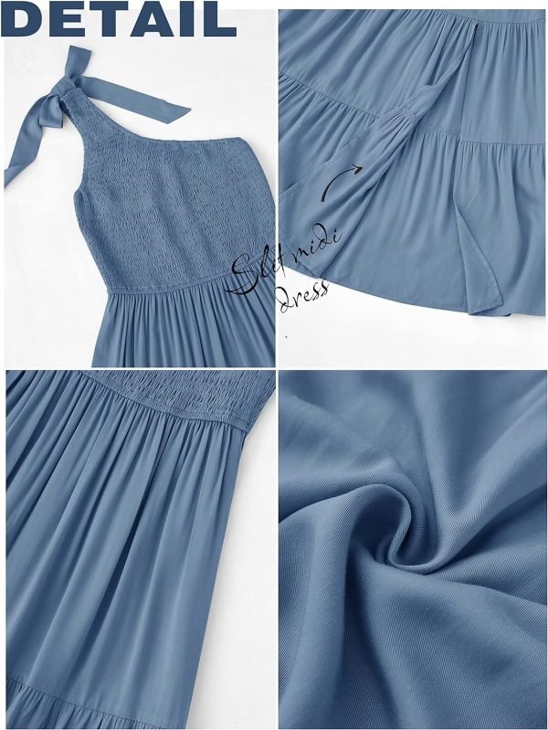 Saonta  Women's Summer One Shoulder Sleeveless Knot Smocked Midi Dress Split Tiered Flowy Dresses