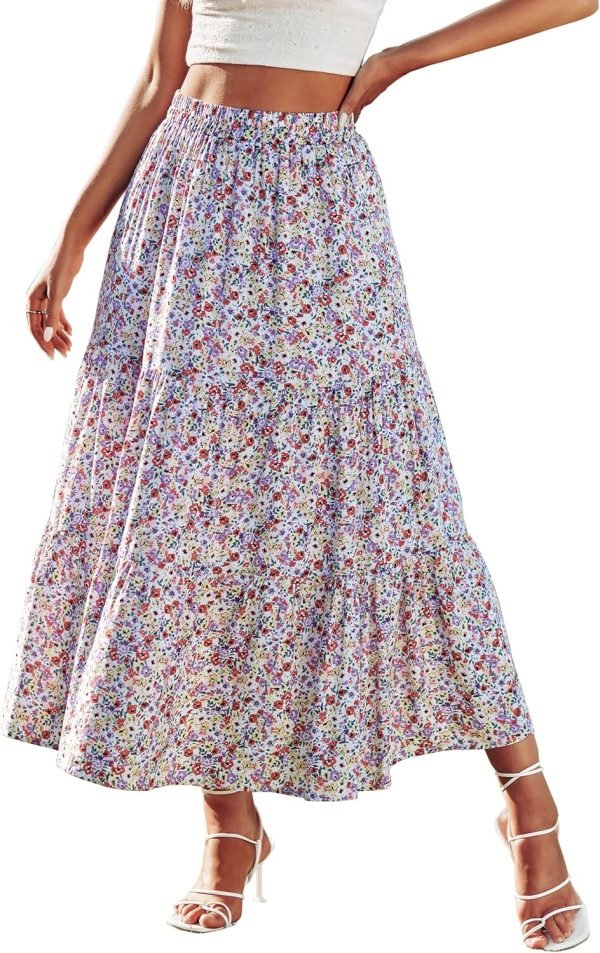 Saonta  Womens 2024 Spring Summer High Waist Boho Floral Maxi Skirt Casual Flowy Swing Pleated A Line Beach Long Skirts