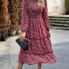 Saonta  Women 2024 Fall Dress Floral Boho Dress Casual Long Sleeve Crew Neck Ruffle A-Line Flowy Wedding Guest Maxi Dresses
