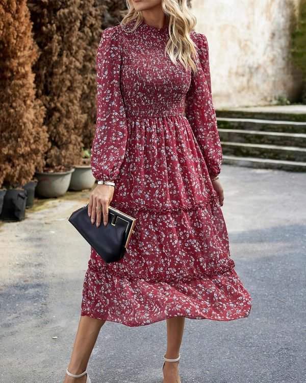 Saonta  Women 2024 Fall Dress Floral Boho Dress Casual Long Sleeve Crew Neck Ruffle A-Line Flowy Wedding Guest Maxi Dresses