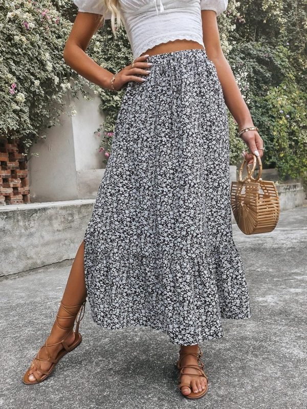 Saonta  Women's Casual High Waist Floral Print Skirt Split Thigh A Line Maxi Skirts