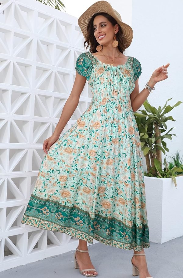 Saonta  Women's 2024 Summer Short Sleeves Boho Floral Print Tiered Casual Flowy Long Maxi Dress