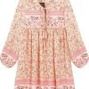 Saonta  Womens Long Sleeve Floral Casual Print Cotton Mini Tunic Dress