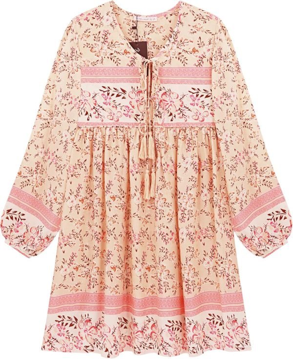 Saonta  Womens Long Sleeve Floral Casual Print Cotton Mini Tunic Dress