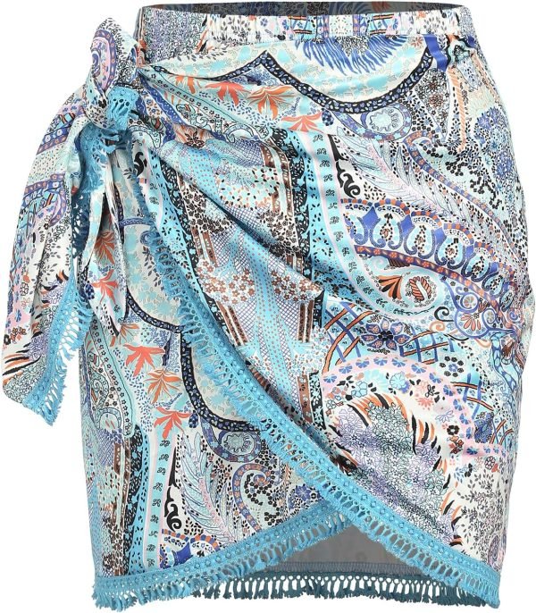 Saonta  Slit Skirt for Women Boho Print Tie Side Wrap Tassel Casual Beach Mini Skirt