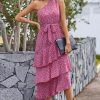 Saonta Womens Summer Floral One Shoulder Tiered Ruffle Flowy Midi Beach Boho Dress