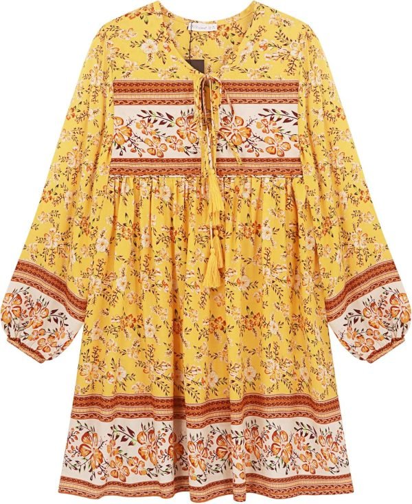 Saonta  Womens Long Sleeve Floral Casual Print Cotton Mini Tunic Dress