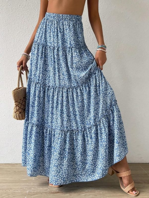 Saonta  Women's Floral Print Elastic High Waist Pleated Ruffle Flowy Long Skirts
