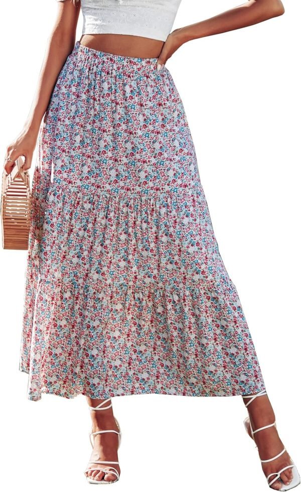 Saonta  Womens 2024 Spring Summer High Waist Boho Floral Maxi Skirt Casual Flowy Swing Pleated A Line Beach Long Skirts