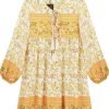 Saonta  Womens Long Sleeve Floral Casual Print Cotton Mini Tunic Dress