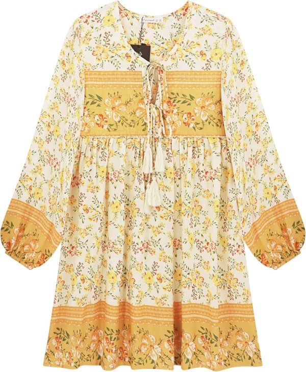Saonta  Womens Long Sleeve Floral Casual Print Cotton Mini Tunic Dress