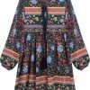 Saonta  Womens Long Sleeve Floral Casual Print Cotton Mini Tunic Dress