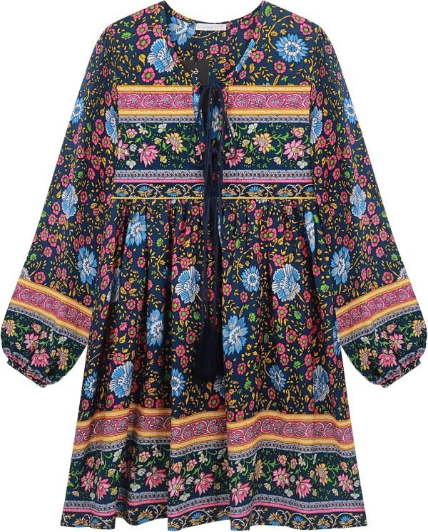 Saonta  Womens Long Sleeve Floral Casual Print Cotton Mini Tunic Dress